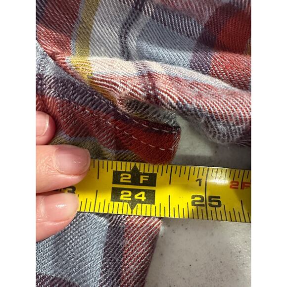 Lucky Brand Flannel Shirt Ruffle L Burgundy & Grey Plaid Peplum Ruffle Button B8 - Picture 8 of 9